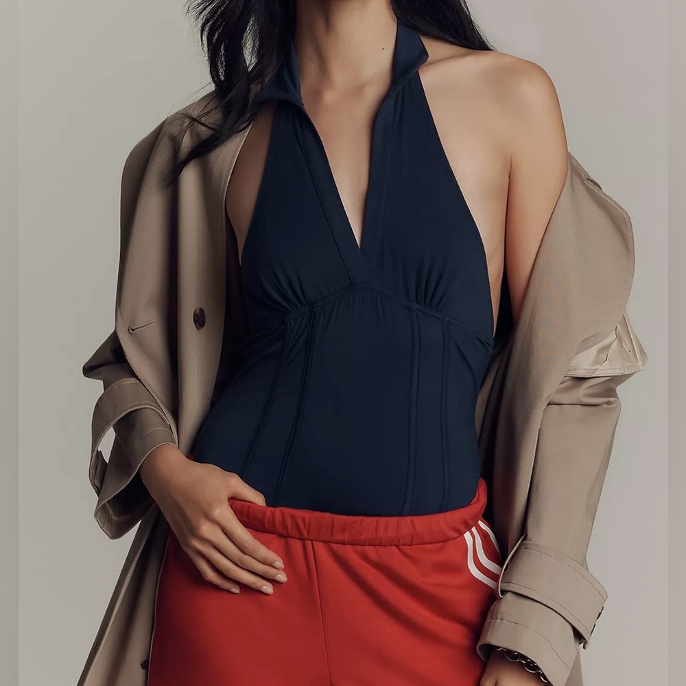 By Anthropologie Halter Jersey Bodysuit-Navy
Size Medium NWT